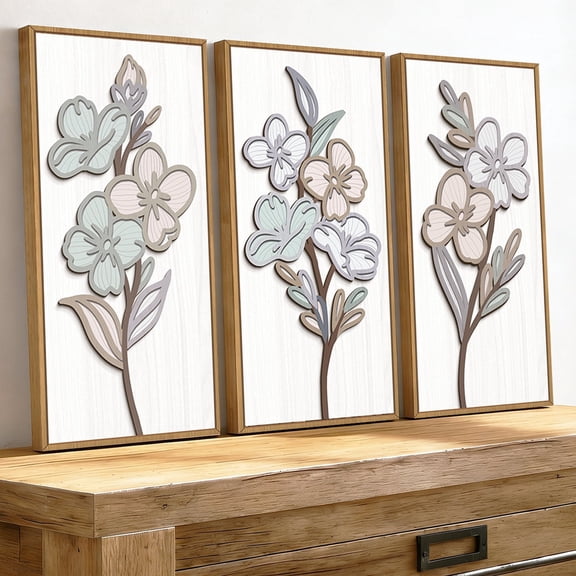 TOARTi 3D Wooden Floral Wall Art Framed Boho Leaf Vintage Flower Sculpture Set of 3 For Farmhouse Living Room Bedroom 8x16 Inch
