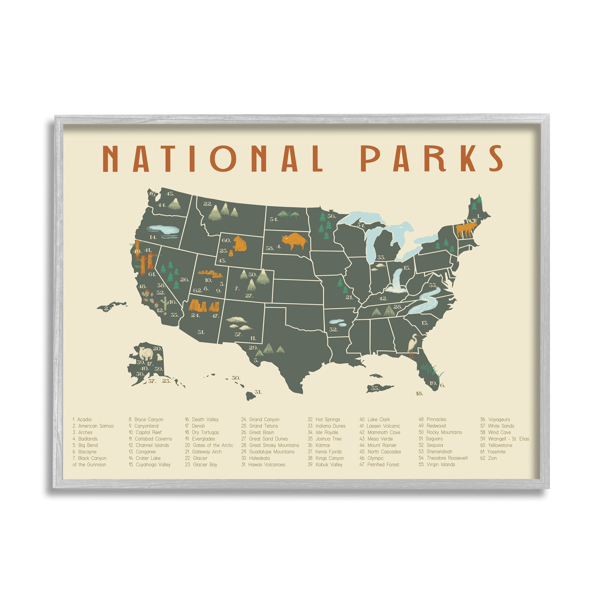 Stupell Industries United States National Parks Adventure Map Green Orange, 20 x 16, Design by Daphne Polselli