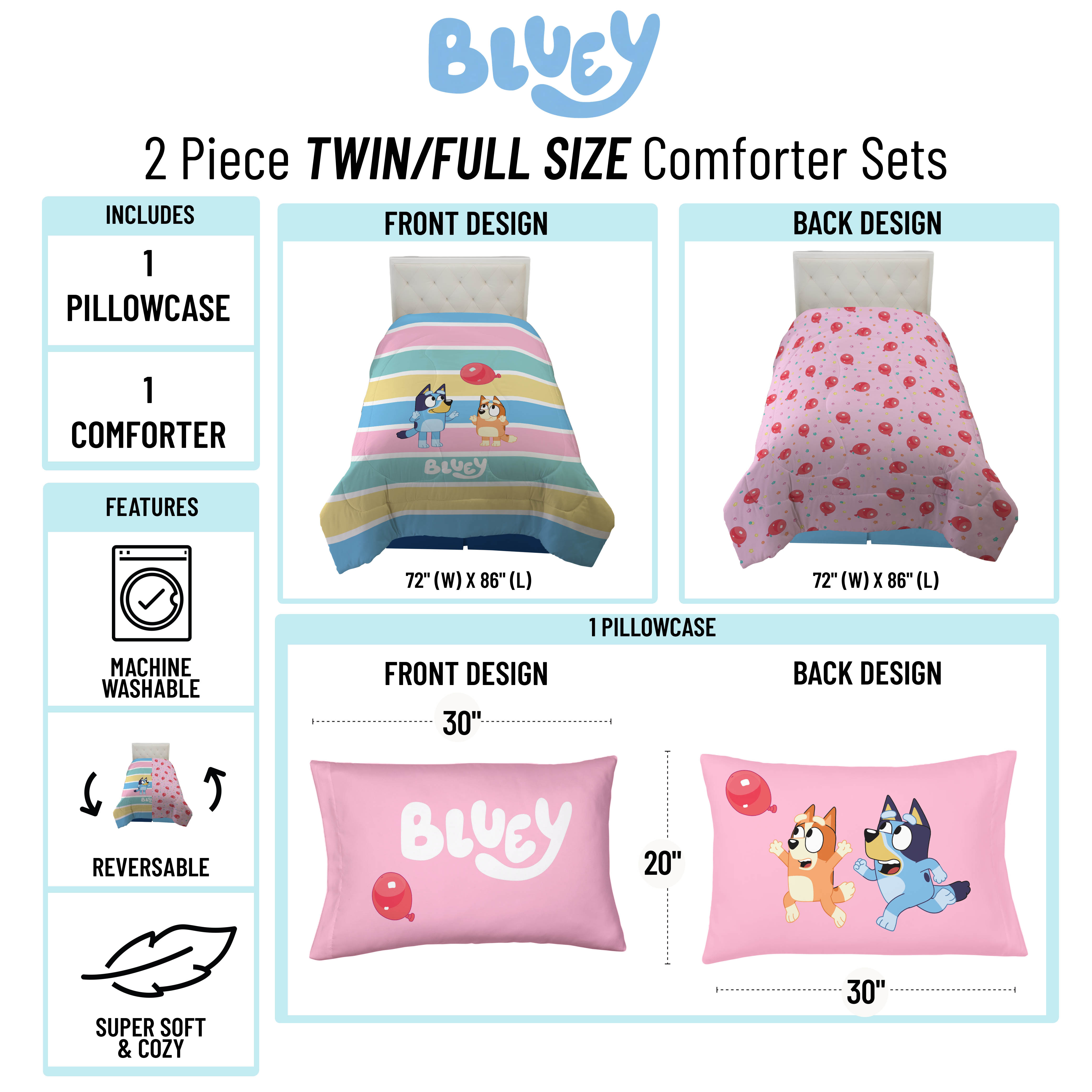 Bluey 2-Piece Reversible Comforter Set, Twin/Full, Pink photo 3