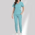 thumbnail image 2 of EGNMCR Scrubs for Women Short Sleeve V Neck Solid Color Pocket Long Pants Scrub Sets Nurse Suit 2 Piece Sets Workwear Spring/Summer Sale, 2 of 6