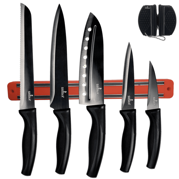 SiliSlick Juego de Cuchillos de Cocina, Hojas de Colores de Acero Inox. con Revest. de Titanio, Cuchillos de Chef, Pan, Santoku, Multiusos y para Pelar, Soporte Magnético y Afilador Portátil