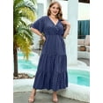 thumbnail image 4 of Women'S Casual Plus Size Polka Dots Dress Summer Short Sleeve V Neck Loose Tiered Maxi Dresses Blue L, 4 of 9