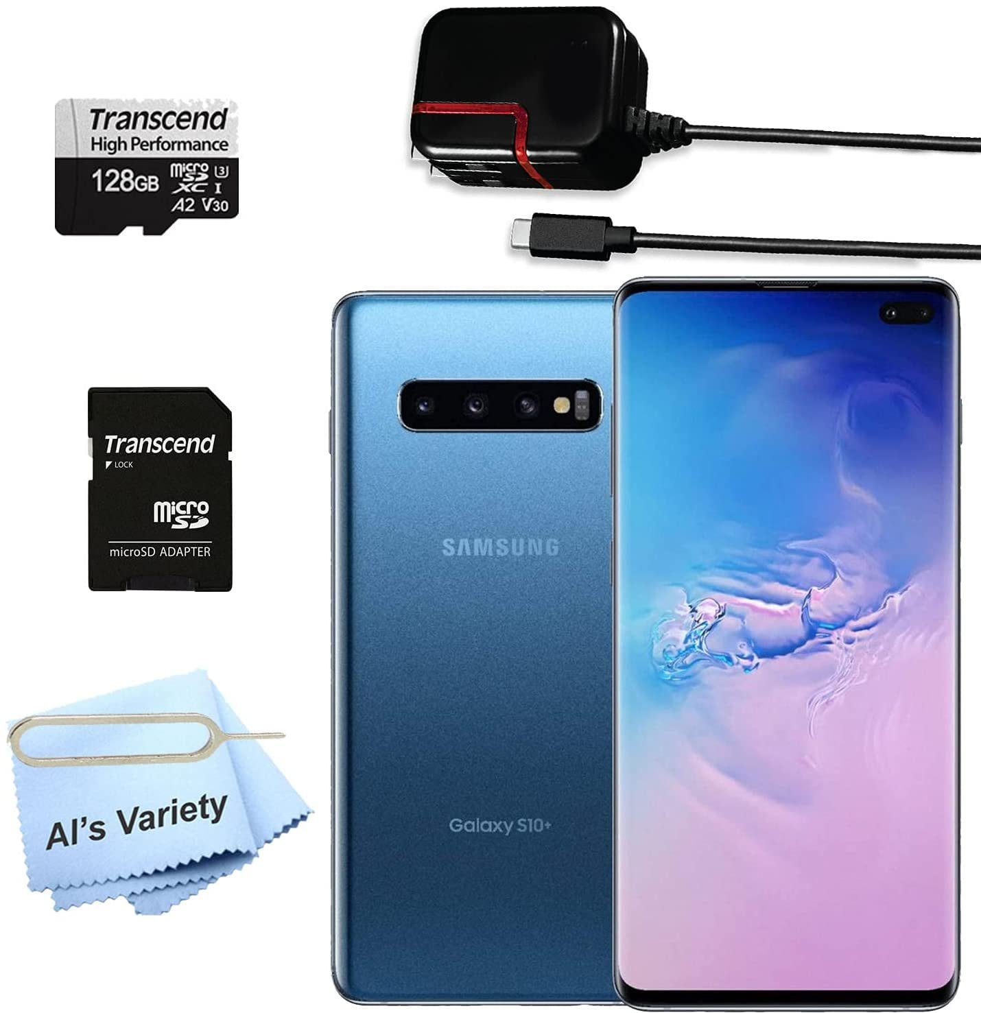 Samsung Galaxy S10 Plus G975U 256GB 128GB + 128GB Trancend Micro SD Card - GSM Unlocked Prism Blue Renewed -