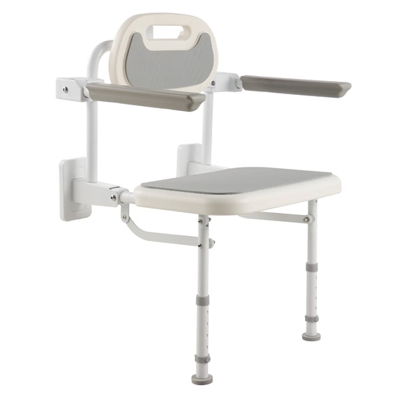 VEVOR Foldable Shower Chair Wall Mounted, 18" Folding Shower Seat with Backrest, Armrest & Adjustable Legs, HDPE Fold-Down Bathroom Chair Stainless Steel Frame for Adults Seniors, 330LBS Loading