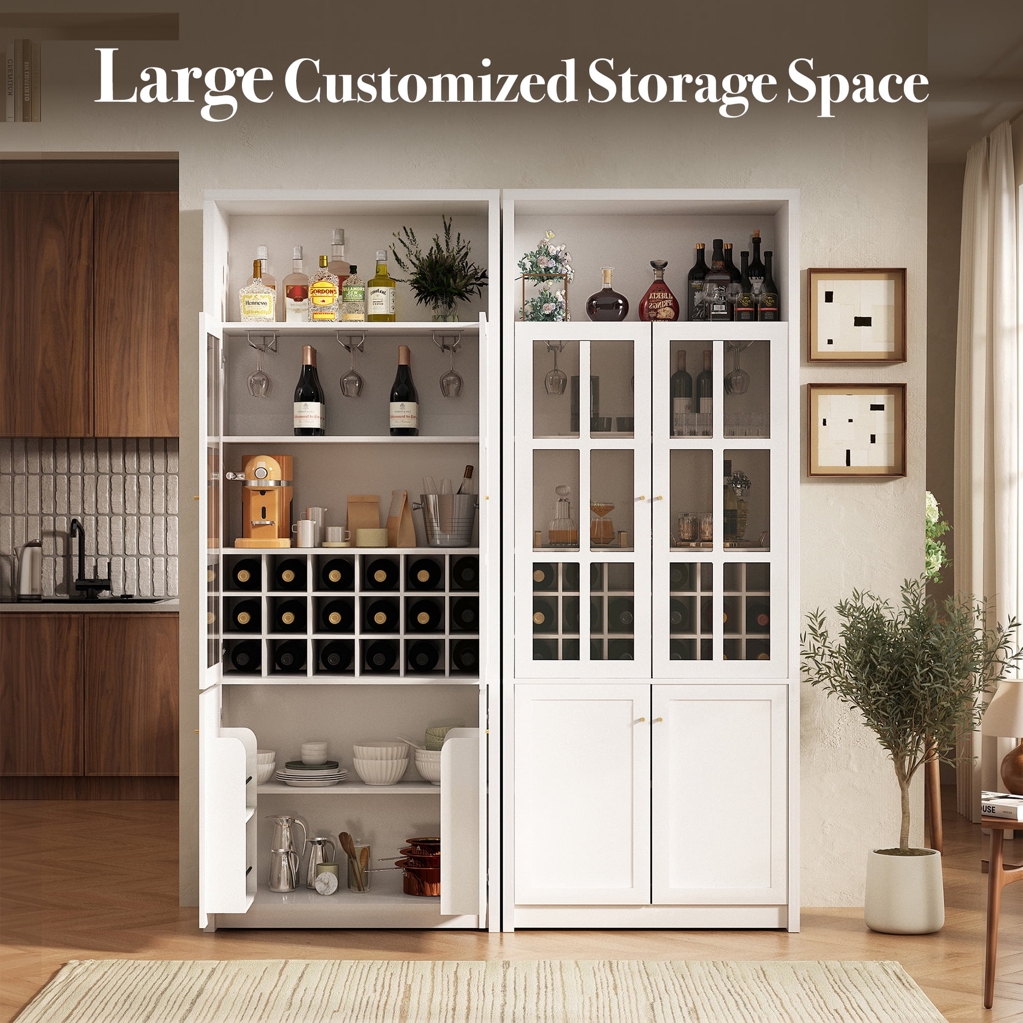 Euroco 78.7" Tall Modern Wine Bar Cabinet with Glass Doors,Coffee Bar Cabinet with 18 Wine Racks, Stemware Rack,Door Storage Shelves & Adjustable Shelves for Kitchen Dining Room,White