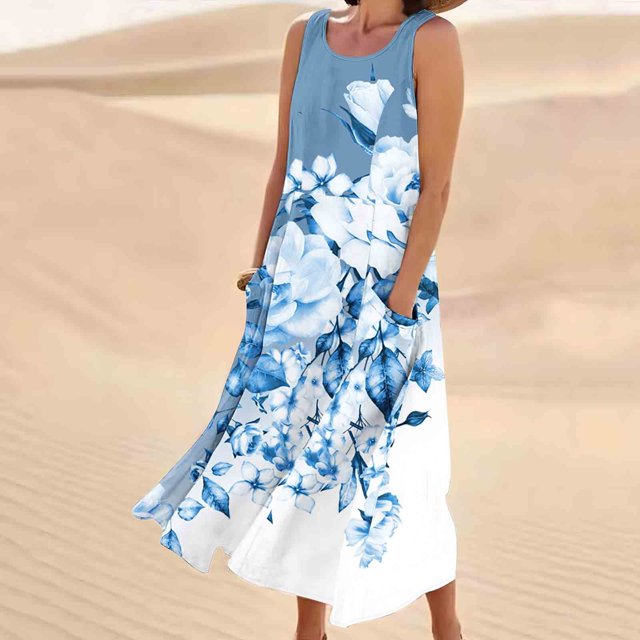 FcBaudy Robe Sans Manches Col Rond, Robes d'Été pour Femmes, Robes Femmes Robe Longue Imprimée Sans Manches et en Lin Col Rond Robe Femmes