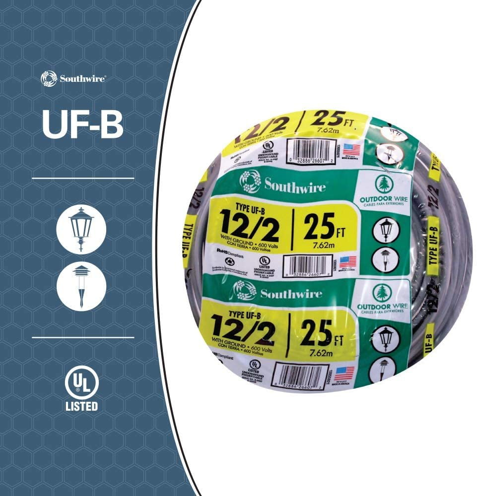 Southwire 13055921 12/2WG UF Wire 25-Foot