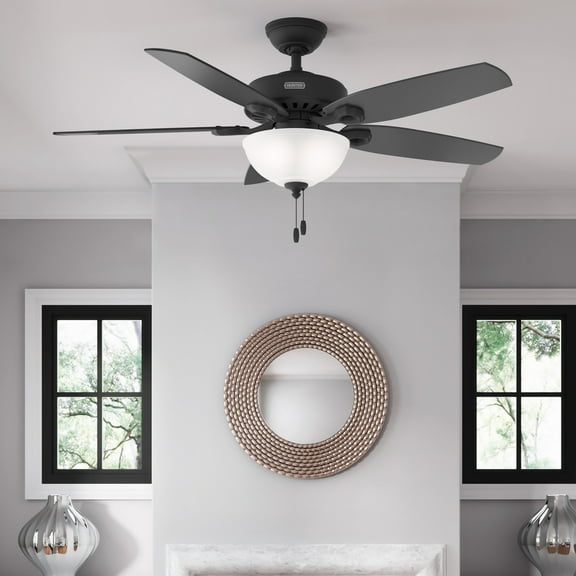 Hunter - Builder Indoor Ceiling Fan With Light, 52-inch, Matte Black, Traditional-style, 3-speed WhisperWind Motor, 52386, for living rooms, bedrooms, home offices, kitchens