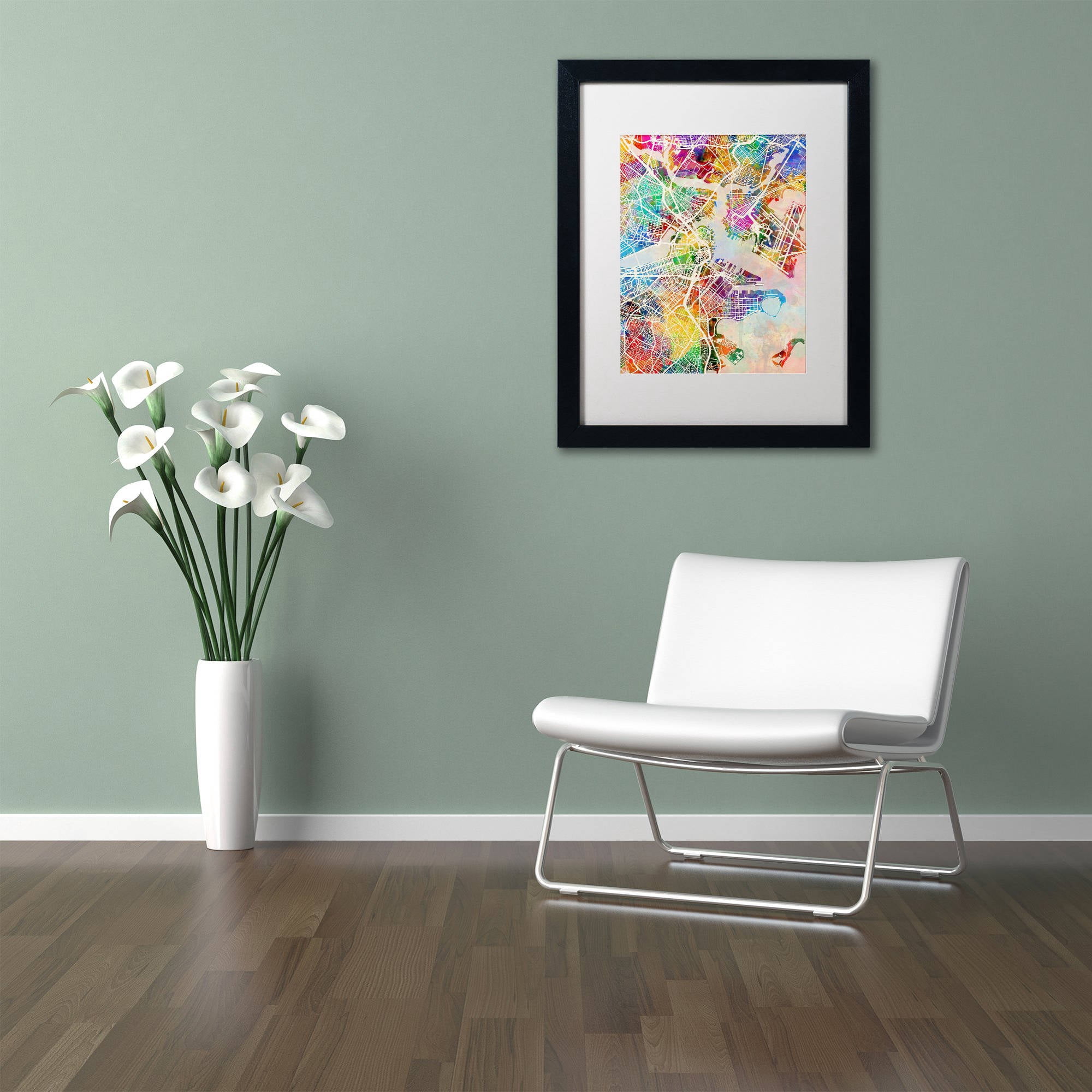Trademark Fine Art "Boston MA Street Map" Canvas Art by Michael Tompsett, White Matte, Black Frame
