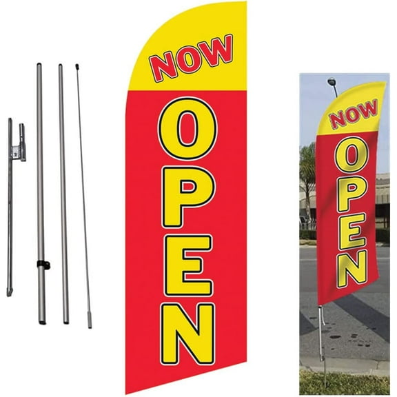 Now Open 8ft Advertising Feather Banner Swooper Flag Signs with Flag Pole Kits and Ground Stakes for Businesses, blue, yellow