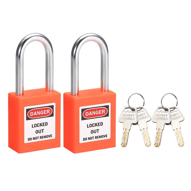 Candados de bloqueo y etiquetado con grillete de 1-1/2 pulgadas, llave diferente, candado de seguridad de plástico naranja, 2 pcs