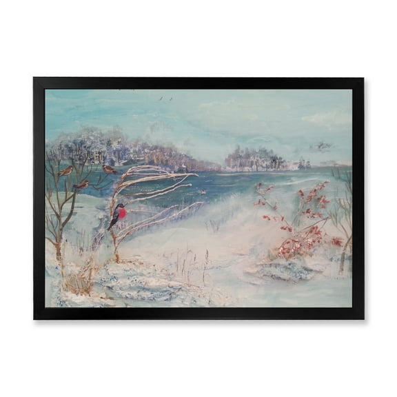 Designart 'Birds and Winter Trees By River' Lake House Framed Art Print
