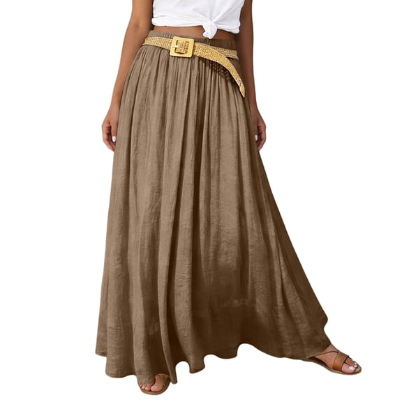 Boho Skirt for Women Cotton and Linen Solid Elastic Waist Midi Maxi Skirts A-line Skirt With Belt Coffee L