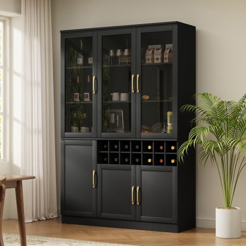 70.87" Tall Wine Bar Cabinet with Glass Doors, Modern Liquor Cabinet with Removable 14-Bottle Wine Rack & Built-in Door Shelves, High-Capacity Home Bar Storage Cabinet, Black