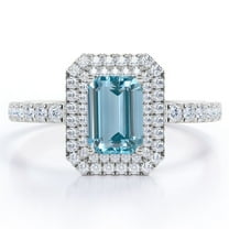 JeenMata 1.35 Carat Emerald Cut Seafoam Created Aquamarine and Moissanite - Pave Design - Double Halo Engagement Ring - 18K White Gold Plating over Silver