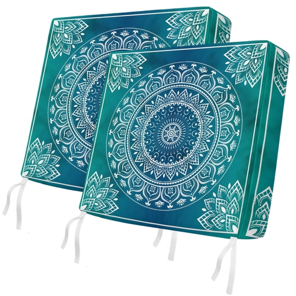 Outdoor Patio Cushion Covers 2 Pack Teal Blue Boho Chair Pads Slipcovers with Ties & Zipper Waterproof Seat Cover Set Gorgeous Bohemian Flower Seat Cushion Covers for Outdoor Couch Sofa 22x20 Inch