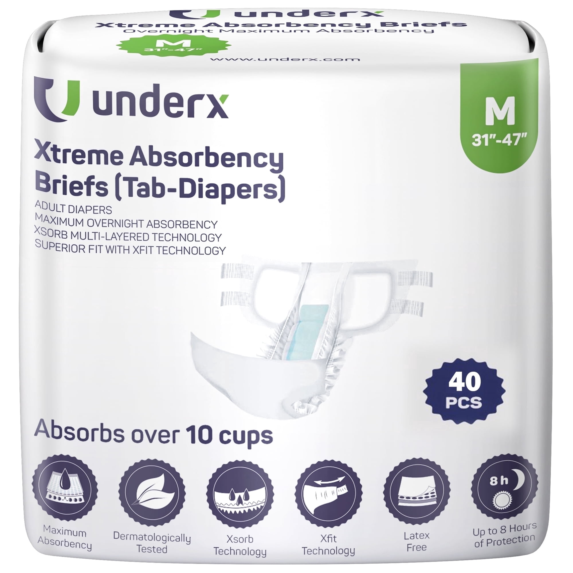 UnderX Adult Briefs with Tabs Unisex Overnight Diapers Latex Free, M-40