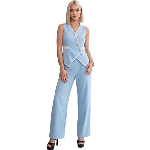 Conjunto 2 Piezas Elegante para Mujer, Chaleco Moderno y Pantalón Palazzo de Corte Sofisticado