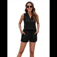 thumbnail image 2 of Conjuntos de Dos Piezas de Verano para Mujer, Informales, Sin Mangas, con Solapa, de Punto Texturizado y Pantalones Cortos con Cordón, Color Negro, Talla M, 2 of 9