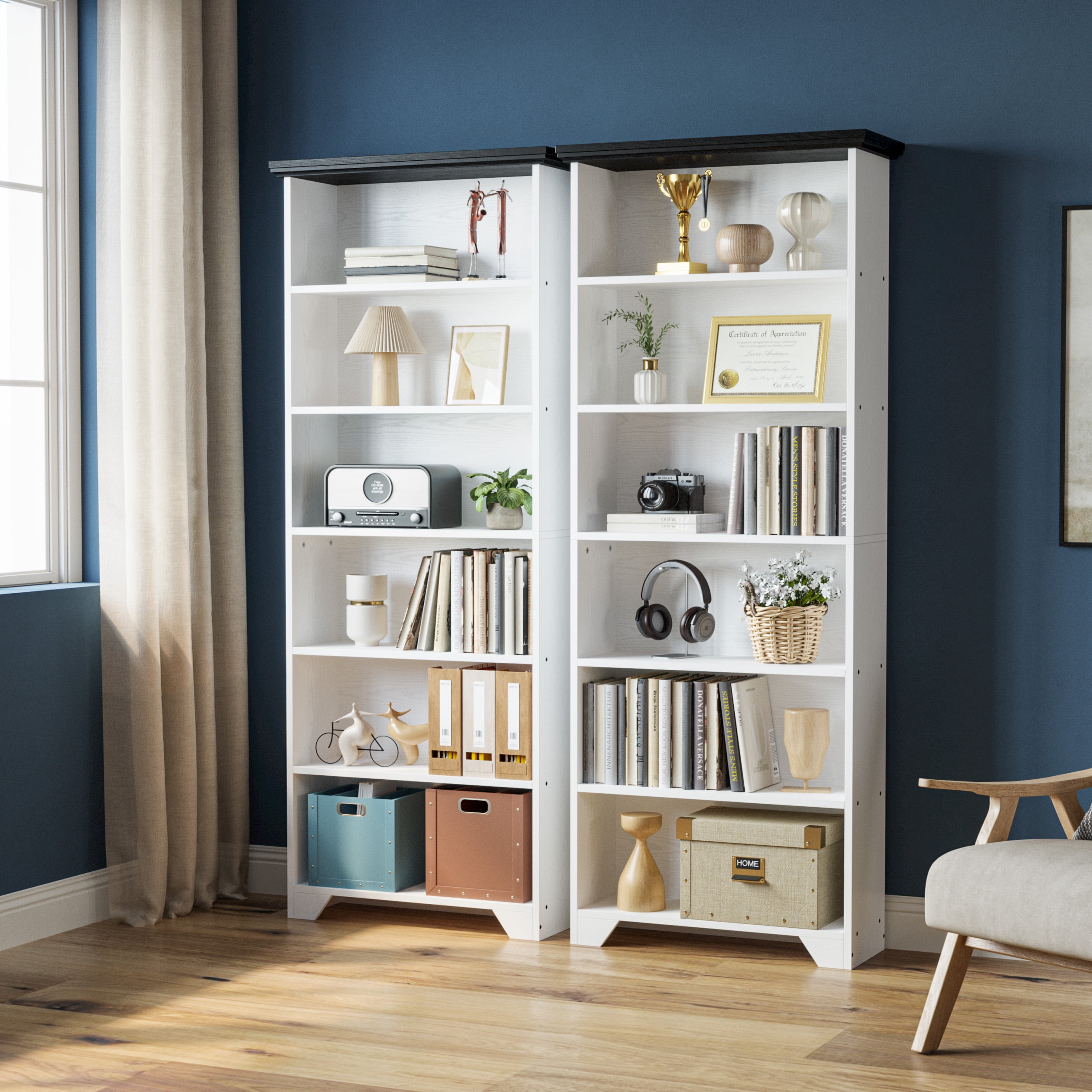 IRONCK 71" Tall 6 Tier Bookcase, Wood Book Shelf for Home Office, Bedroom, Living Room, Shiplap Black/White