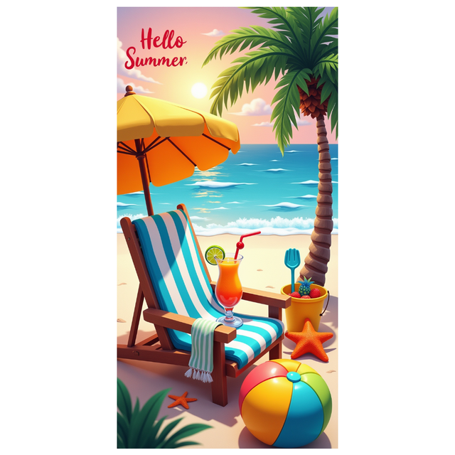 Colorful Summer Beach Vacation Banner Decorative Design Palm Tree Ocean View Lounge Chair for Summer Party Beach Party Holiday Decoration