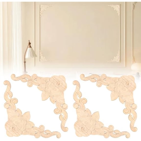 4-Pack Wood Ceiling Molding Corner Trim, 13.4"x13.4" Carved Flower Wall Panels, French Style Decorative Accent for Ceiling & Wall Décor$$Tools & Hardware Other