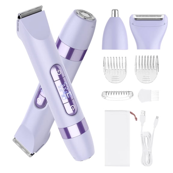 Hatteker 4-in-1 Women's Electric Shaver, Dual-Head Body Hair Trimmer for Women, IPX7 Waterproof Rechargeable Bikini Trimmer & Facial Hair Remover for Legs, Armpits, Face, Nose, Eyebrows, Purple