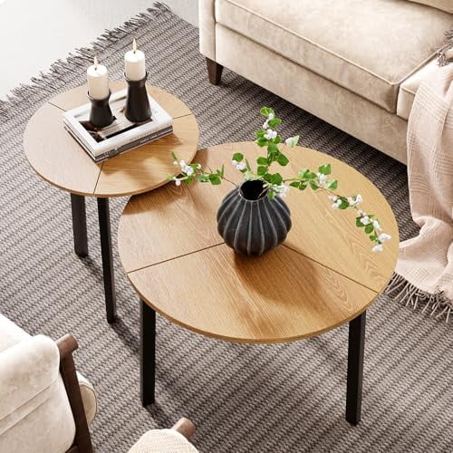 Modern Round Coffee Table, 23.6'' Small Nesting Coffee Table Set of 2, Accent Wood Coffee Tables, Nested Table for Living Room, Bedroom (Original Wood)