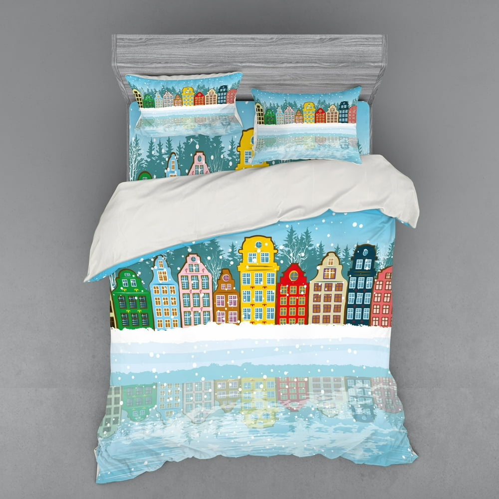 Winter Duvet Cover Set, Christmas Season Themed Snowy Digital Art