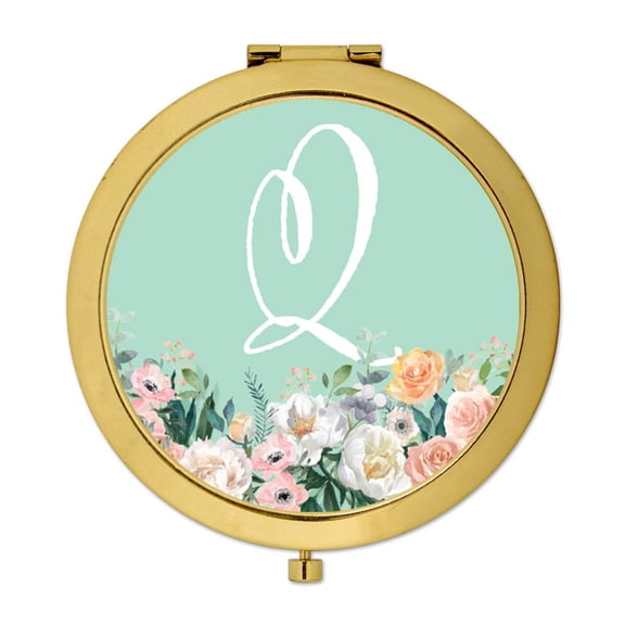 Koyal Wholesale Gold Compact Mirror Bridesmaid's Wedding Gift, Peach Flower Florals on Mint Green, Monogram Letter Q