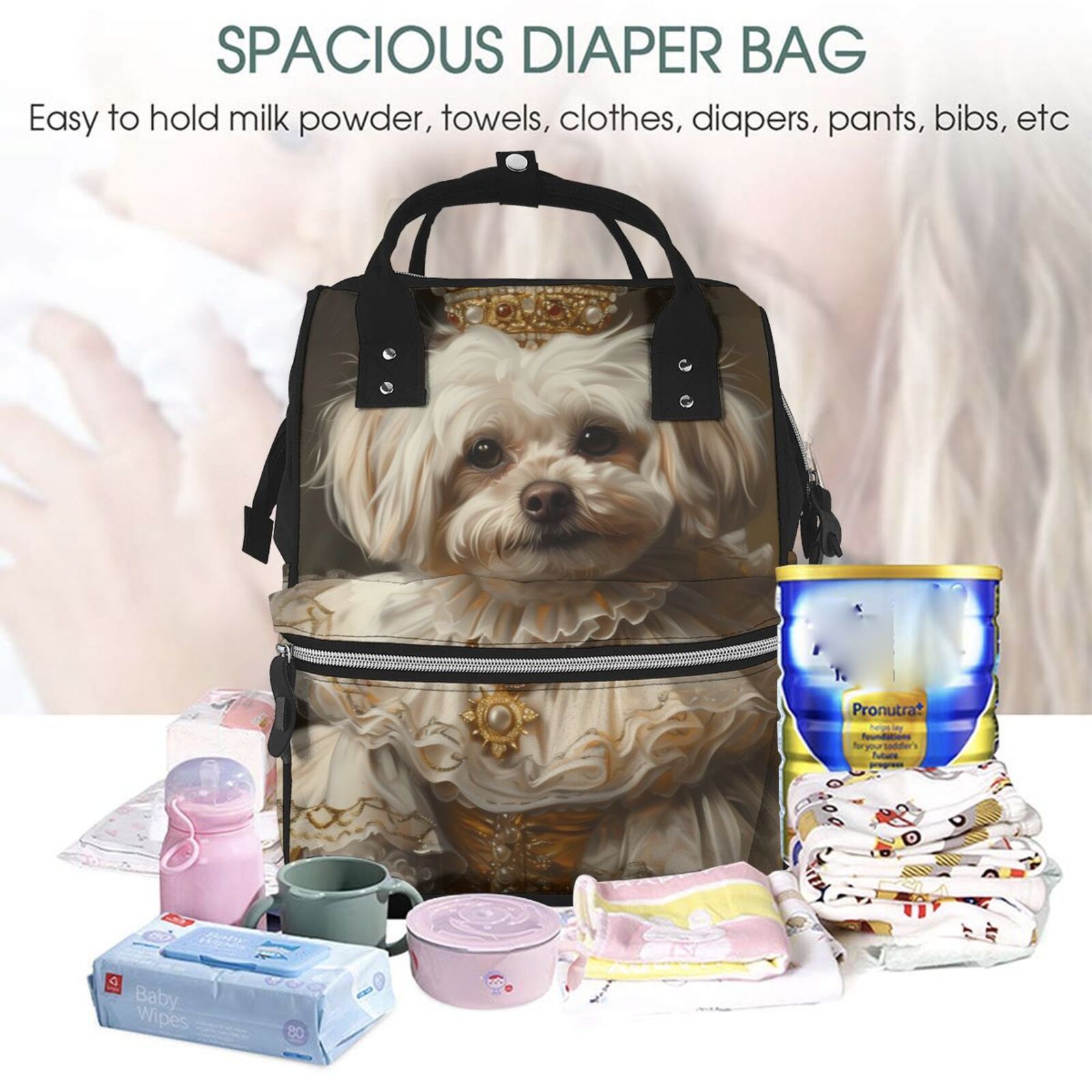 Fuzoiu Regal Dog In Royal Attire Print Diaper Bag Backpack,Baby Essentials Travel Tote,Multi function Waterproof Diaper Bag, Travel Essentials Baby Bag - Unisex
