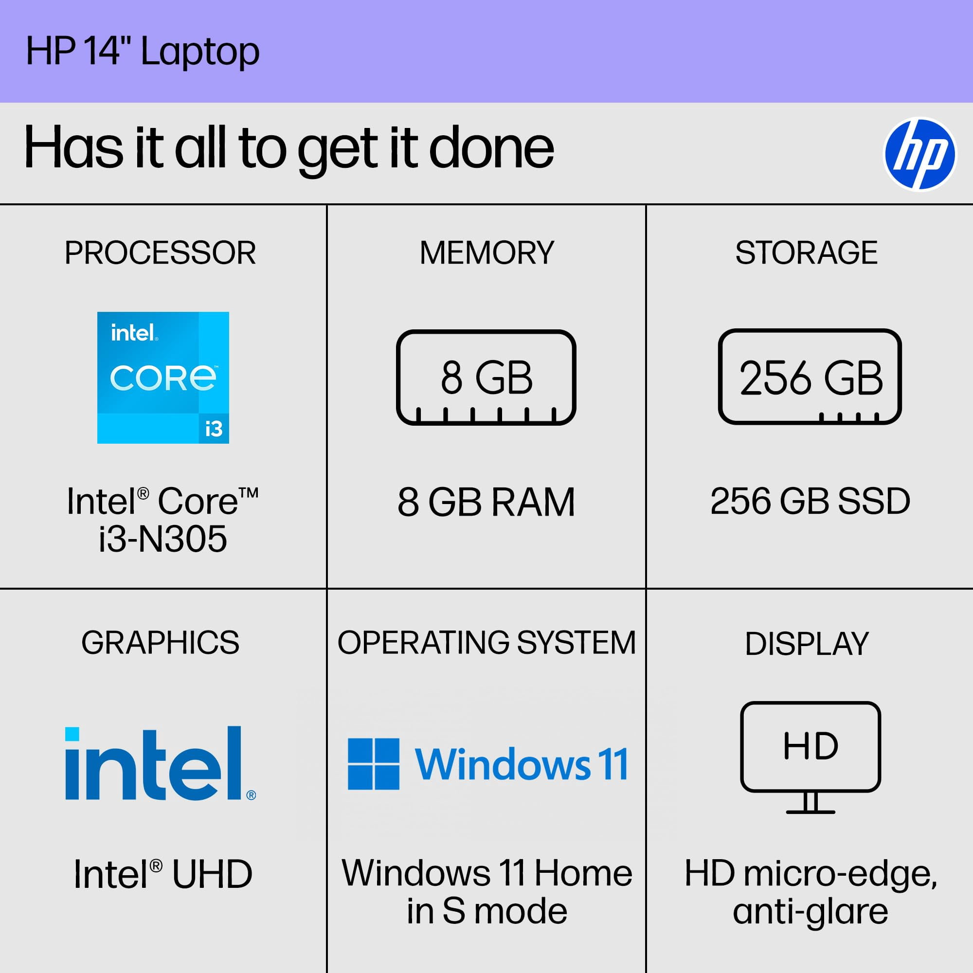 HP 14" i3-N305 8GB 256GB SSD Win 11 Home in S Mode Natural Silver 14-ep0299nr