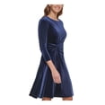thumbnail image 3 of DKNY Womens Navy Stretch Zippered Twist Front Velvet 3/4 Sleeve Jewel Neck Above The Knee Party Fit + Flare Dress 10, 3 of 4