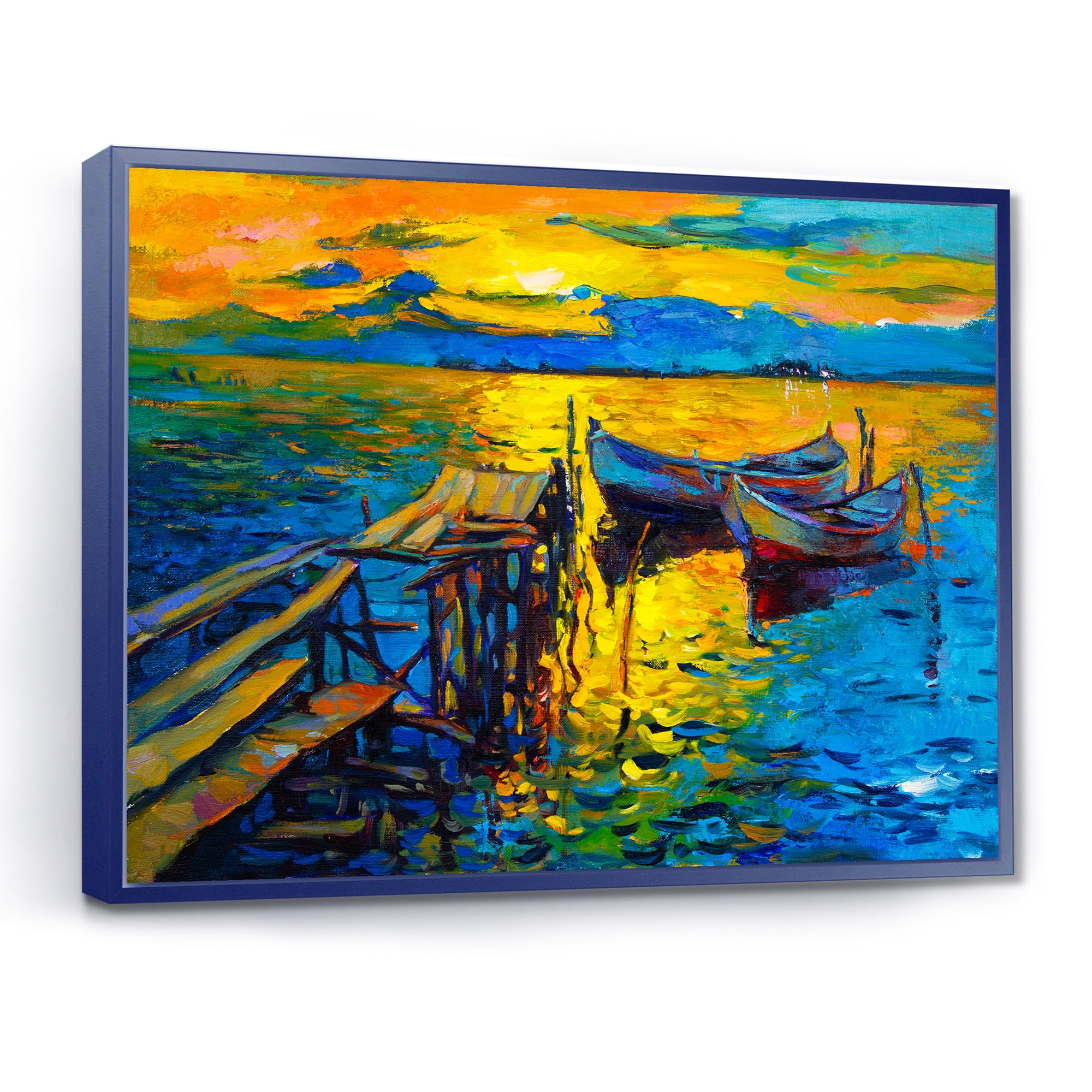 Designart 'Boat At The Lake During Evening Glow II' Nautical & Coastal Framed Canvas Wall Art Print