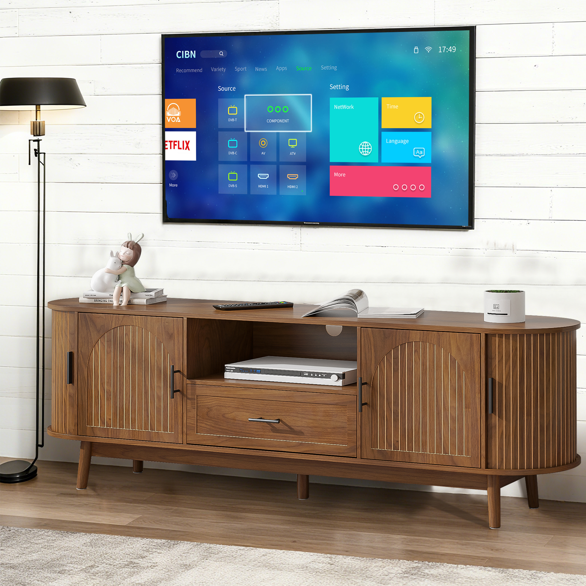 TV Stand for for TVs up to 80 Inch, 70" TV Console with Drawer and Fluted Doors, Modern Mid Century Entertainment Center for Living Room Bedroom, Walnut