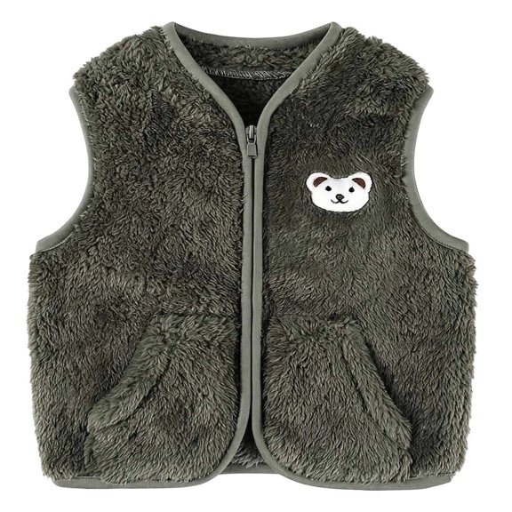 ZACPNCV Kids Sherpa Fleece Vest Boys Girls Cute Embroidery V‑Neck Full Zip Sleeveless Waistcoat with Pockets Fall Winter Warm Outerwear,Olive Green