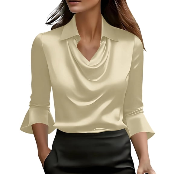 Womens Tops Elegant Cowl Neck 3/4 Sleeve Satin Work Blouse Spring Summer Shirts for Women Beige L