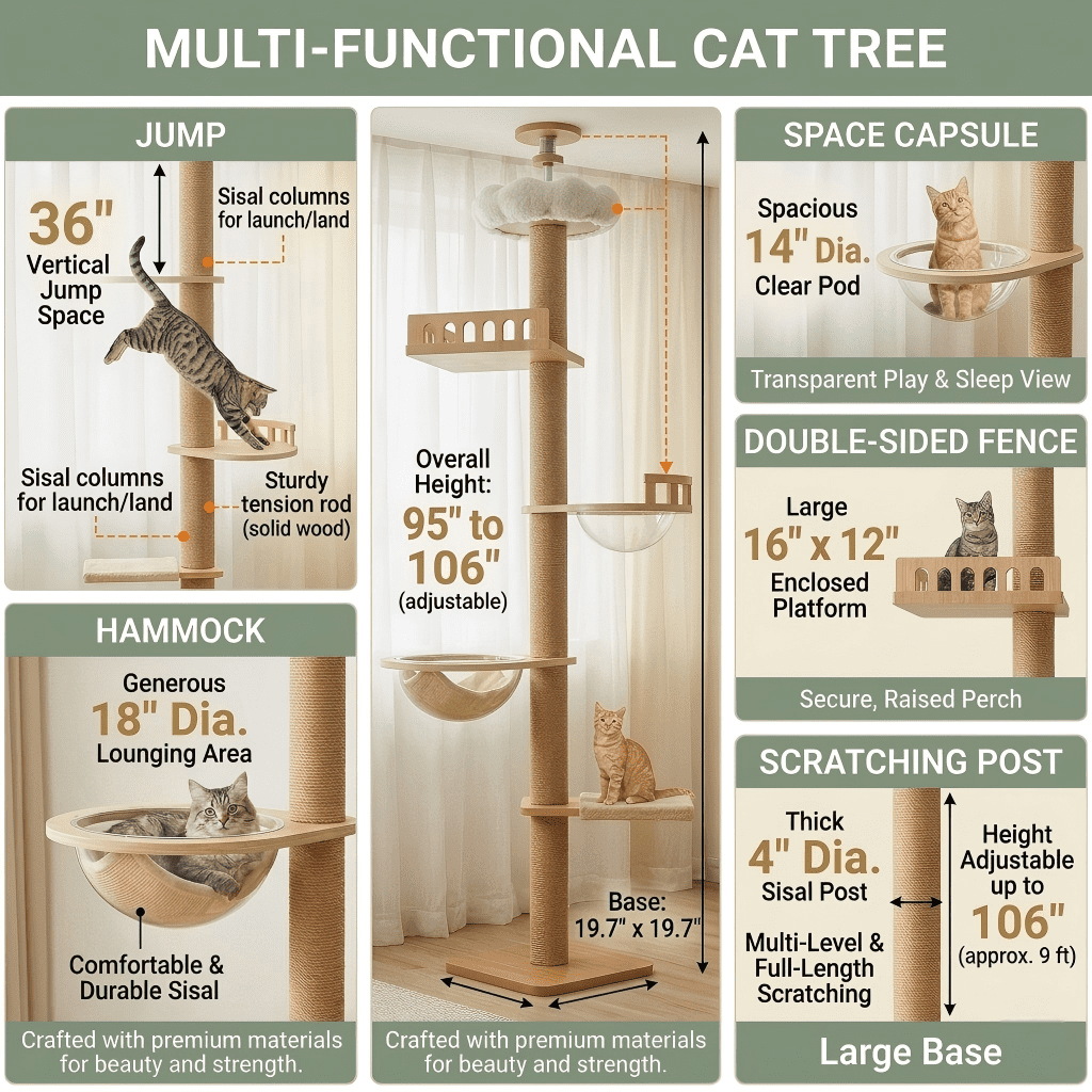 Mekidulu 95in-108in Adjustable Floor to Ceiling Cat Tree with 4.3in Posts, Wood Indoor Tower, Natural