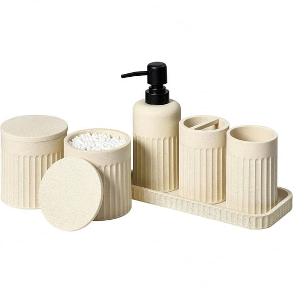 Bathroom Accessories Set 6 Pieces Bathroom Accessory Set Complete With Soap Dispenser Toothbrush Holder Tumbler Vanity Tray 2 Qtip Holder For Home Organizer And Decor Beige