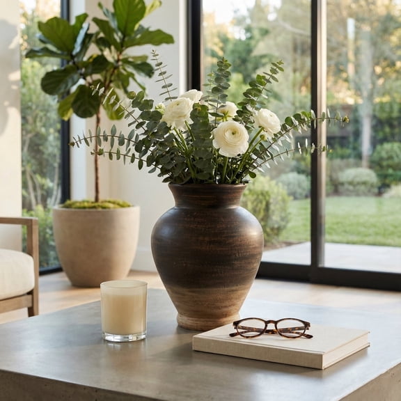 Traditional Terracotta Vase for Living Room Decor - Decorative Flower Vase for Home Styling, Bedroom Vanity, and Kitchen Counter - Rustic Accent for House and Office Table Display - 13", Brown & Tan