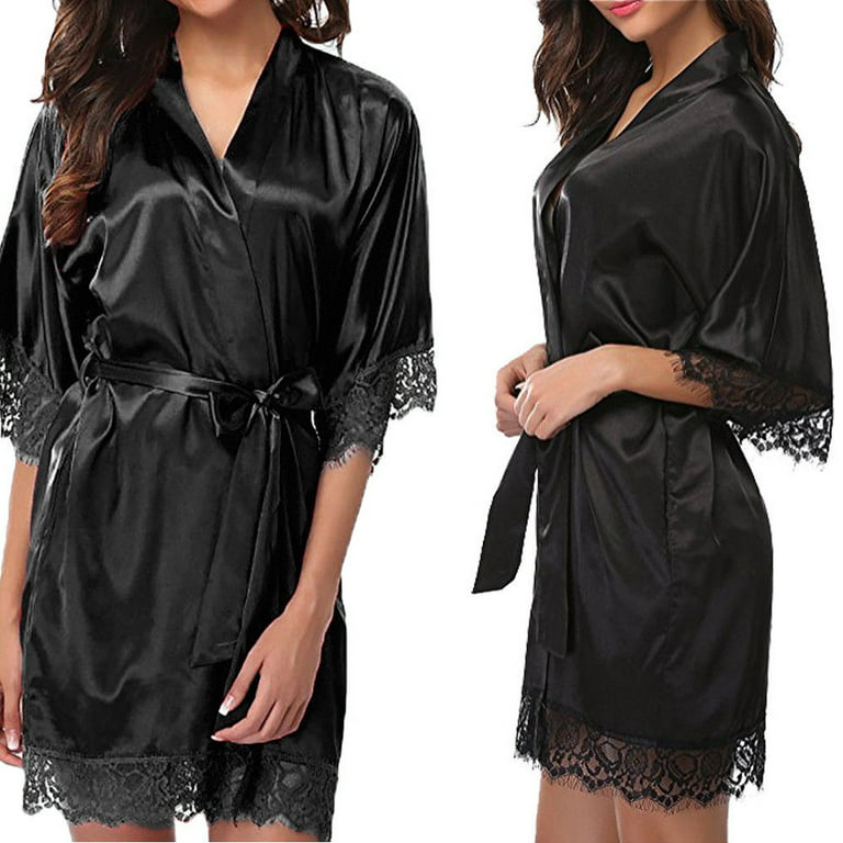WEDFGX Women's Sleepwear Sexy Satin Pyjama Set Black Lace V-Neck