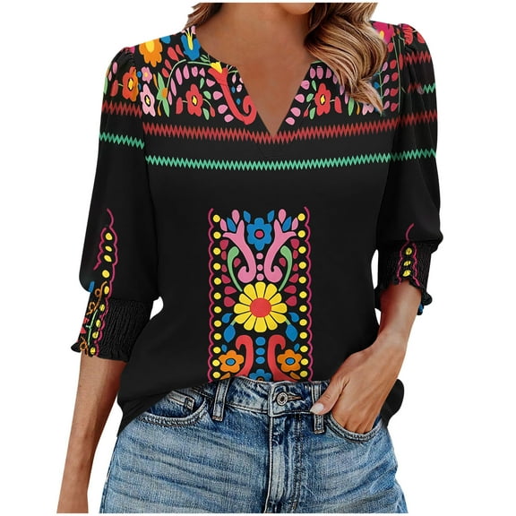 Womens Tops Casual 3/4 Length Sleeve V-Neck Floral Printed Smocked Cuffs Dressy T-Shirts Ladies Tunic Tops