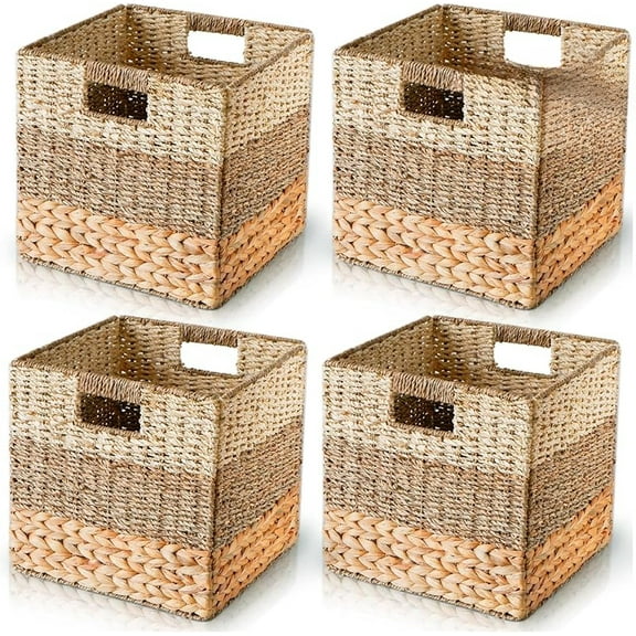 11 Inch Cube Storage Bins, Wicker Storage Baskets for Cube Shelf, Natural Foldable Square Baskets for Storage, Large Woven Storage Bin with Handle, Baskets for Pantry, Living Room Set of 4