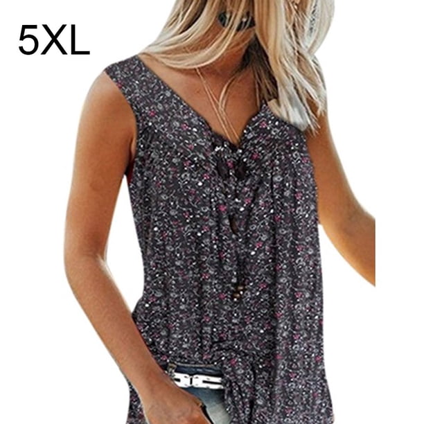 Qarigey Camiseta sin mangas con estampado sin mangas Camiseta sin mangas con cuello en V Camiseta sin mangas de verano para mujer Chaleco sin mangas con Prendas para la parte del cuerpo negro 5XL Qarigey AP002122-16