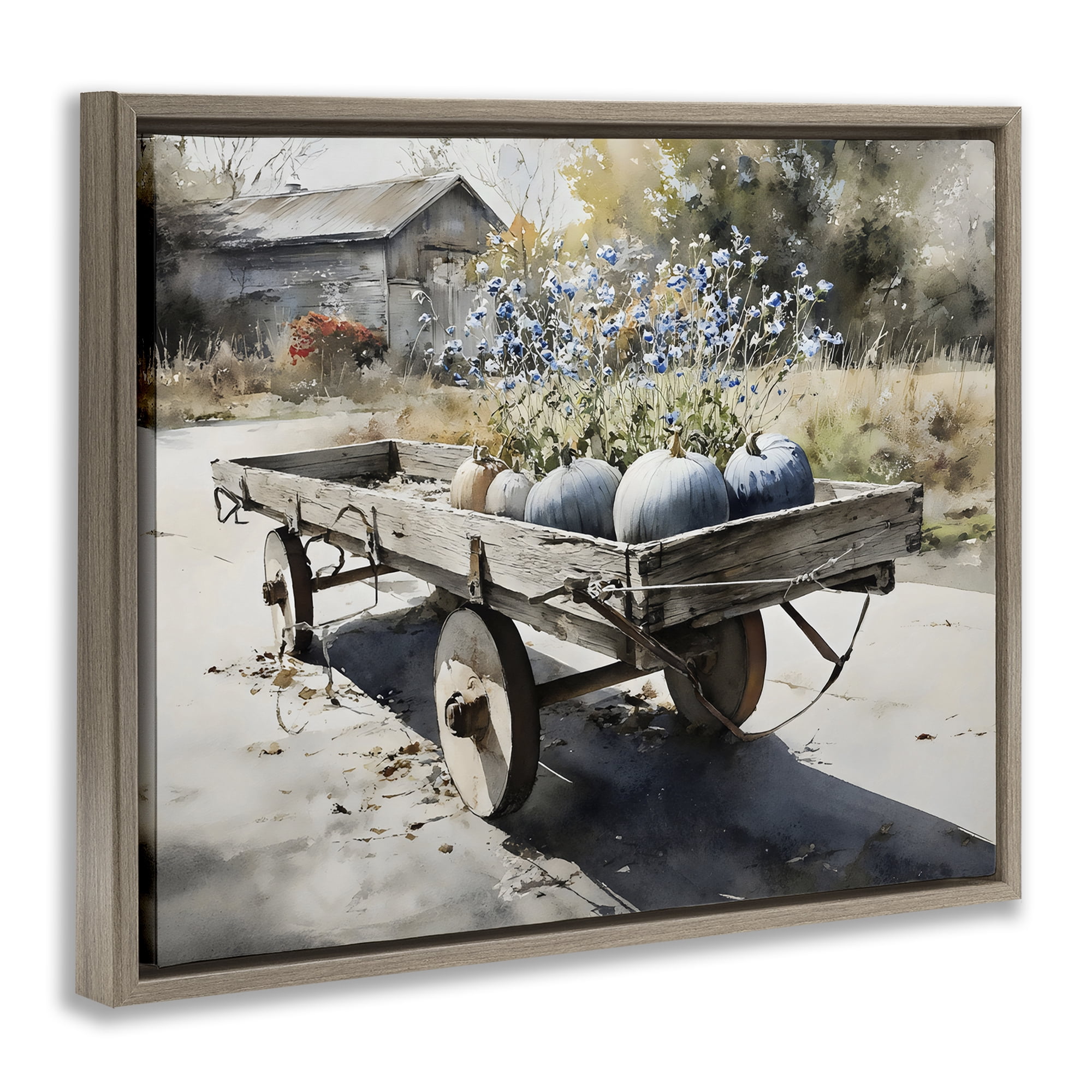 Stupell Industries Blue Pumpkin Wagon in Sunlight Brown Framed Floater Canvas Wall Art, design by Franklyn Gregory