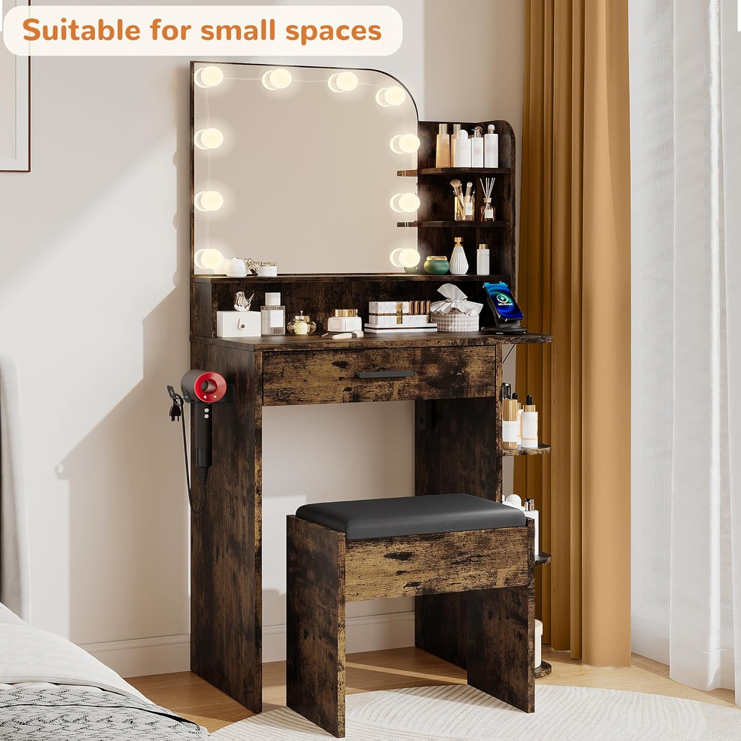 26.4" Small Makeup Vanity Set with Mirror and Lights, NEORIVER Modern Vanity Desk with Bench and Power Outlets