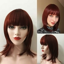 Nevermindyrhead Auburn Dark Red Wig,16 Inches Medium Length Straight Layered Wigs with Fringe Bangs, Synthetic Heat Resistant Wigs for Women, Daily, Party