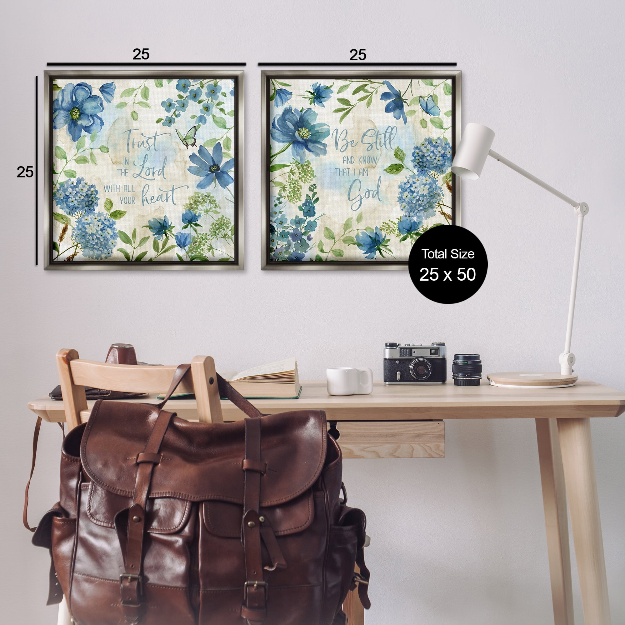 Stupell Industries Trust Be Still Blue Hydrangea Religious & Spiritual Painting Gray Floater Framed Canvas Art Print Wall Art, 25 x 25, Set of 2