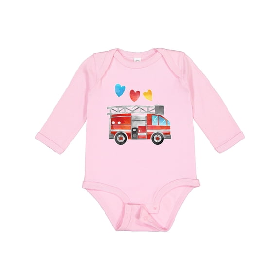 Inktastic Valentine's Day Fire Truck with Hearts Boys or Girls Long Sleeve Baby Bodysuit