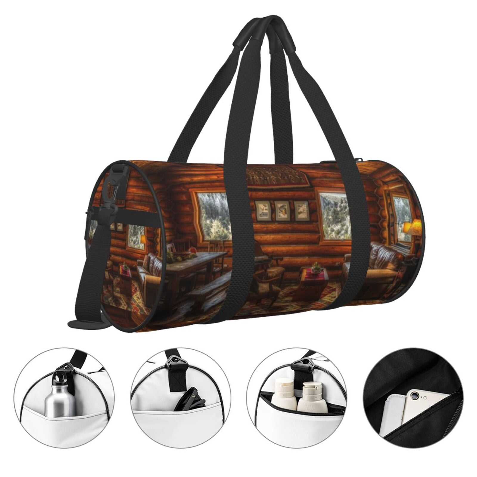 Vsdgher Log Cabin Inside 45L Foldable Duffel Bag, Sports Gym Bag,Overnight Bag, Portable Weekender Bag for Airplanes